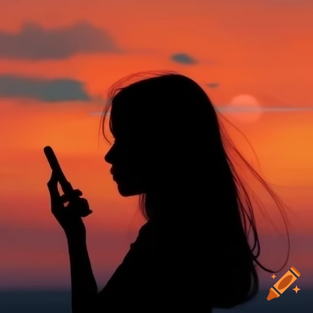 Silhouette of girl using phone during vibrant sunset with orange and pink hues
