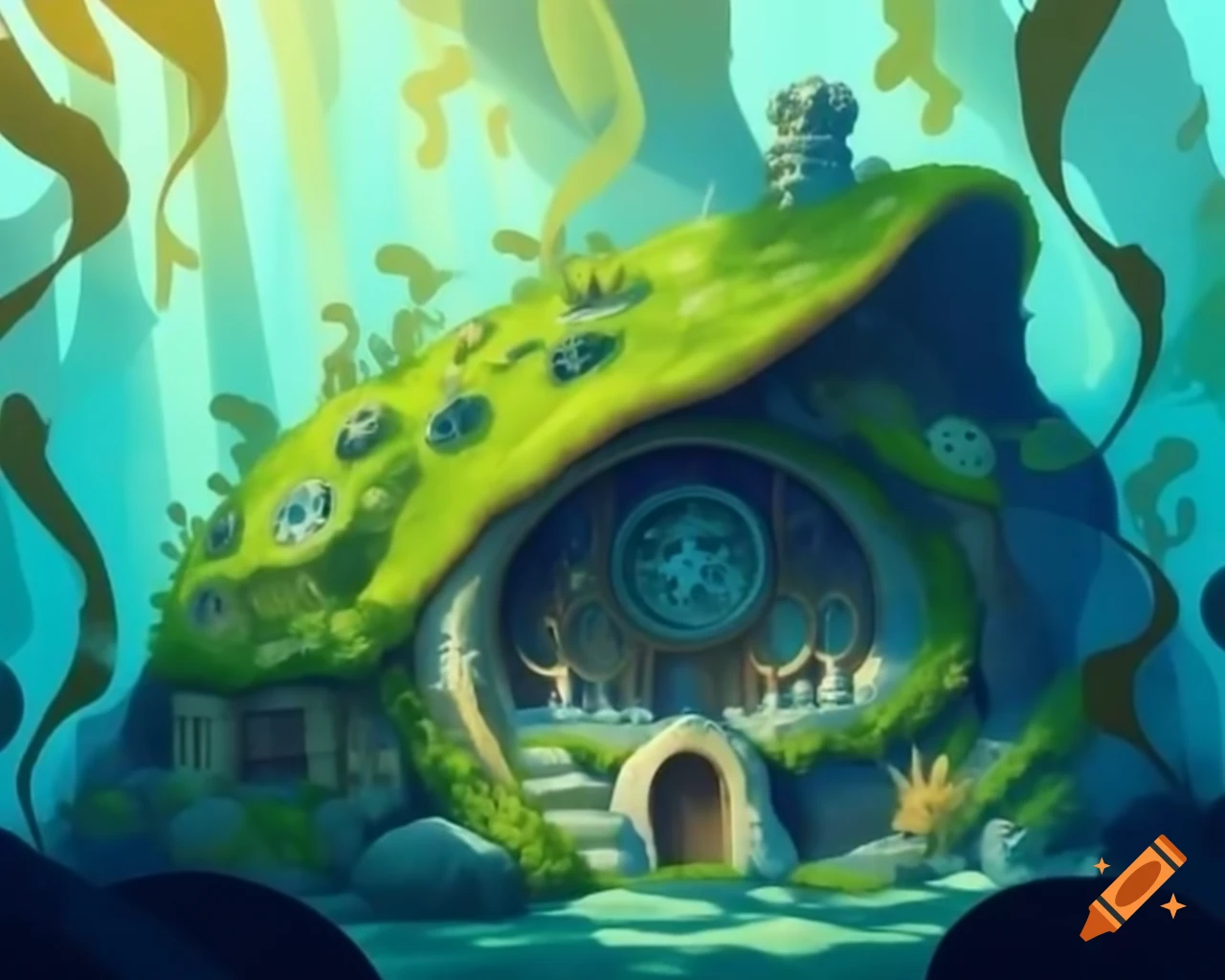 Mossy hobbit house with marine vegetation and underwater scenery, high definition