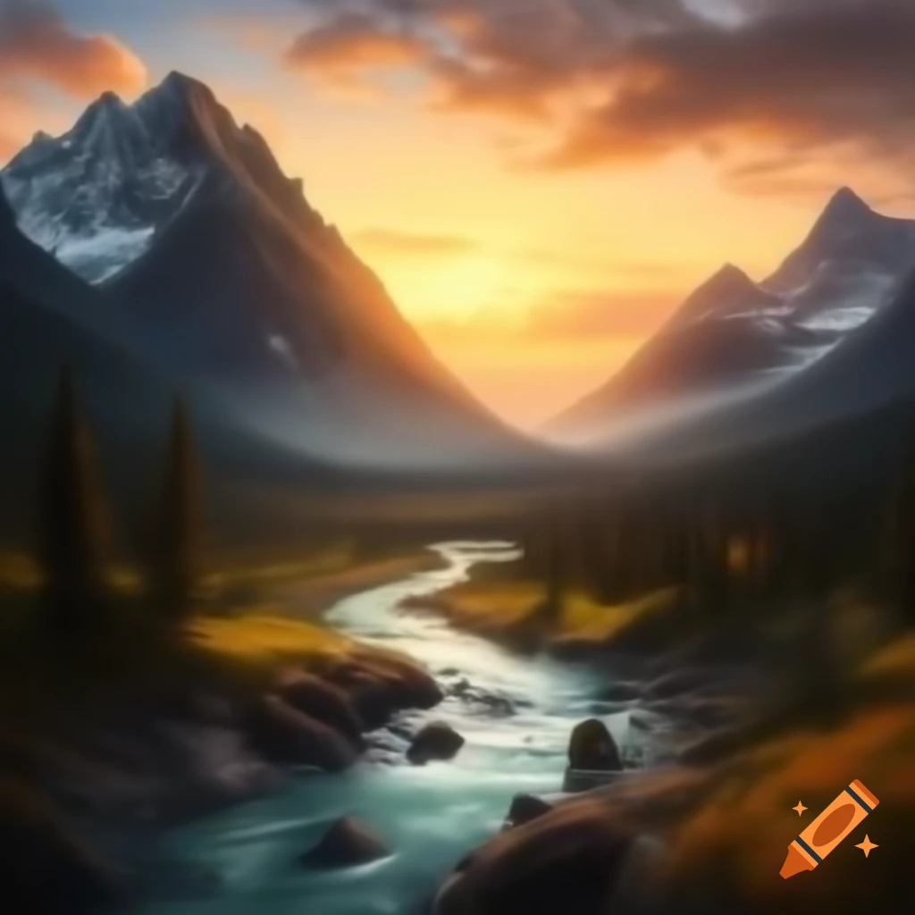 Realistic mountains and running river at sunset