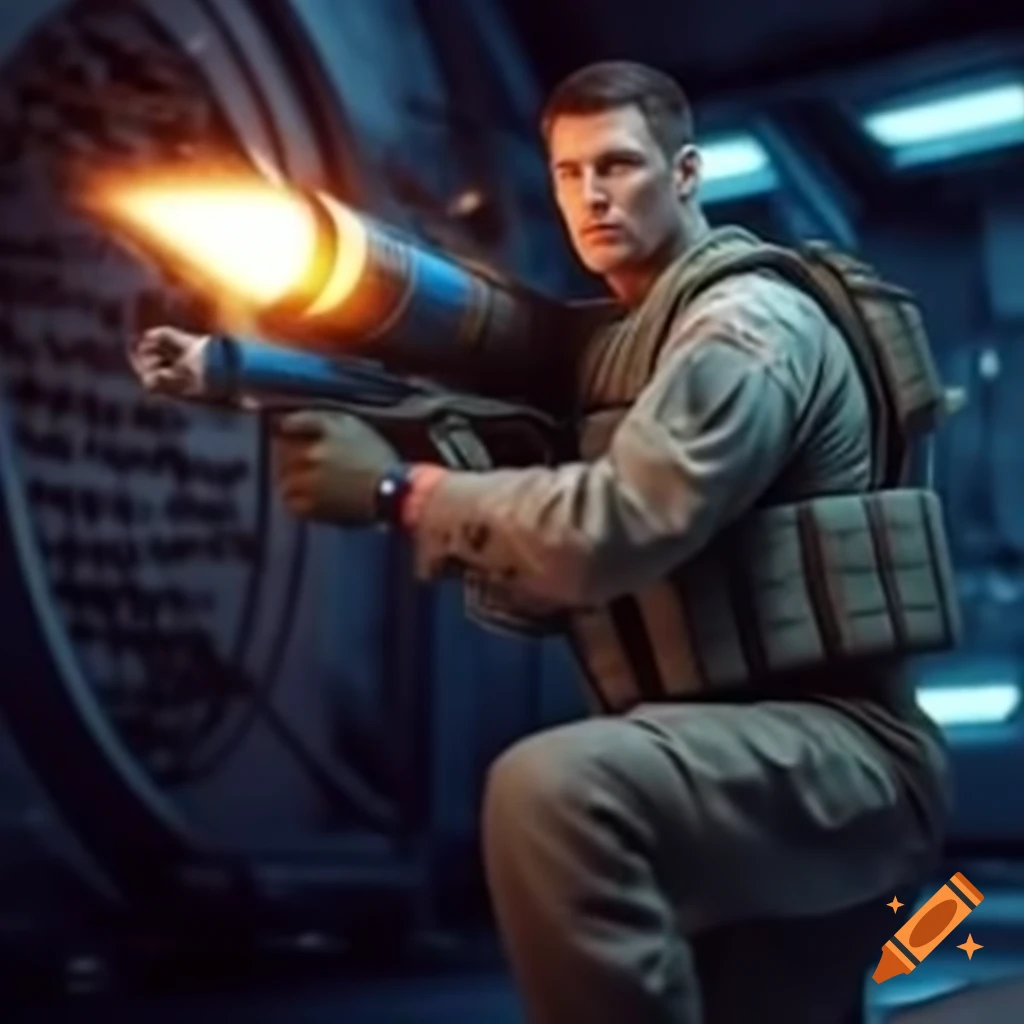 Gerilla soldier with bazooka on a spacecraft
