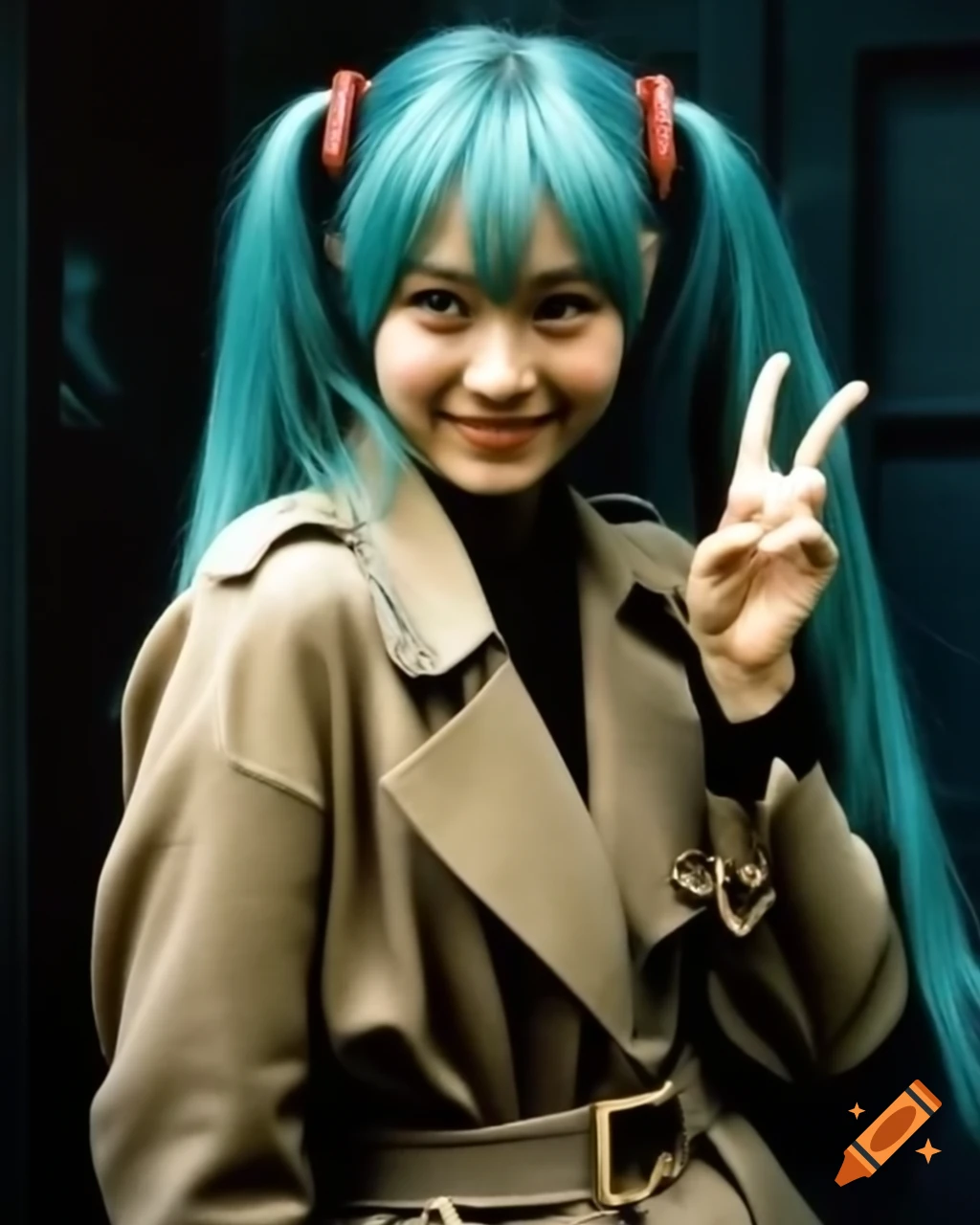 Vintage photo of actress resembling Miku Hatsune with peace sign and retro hairstyle