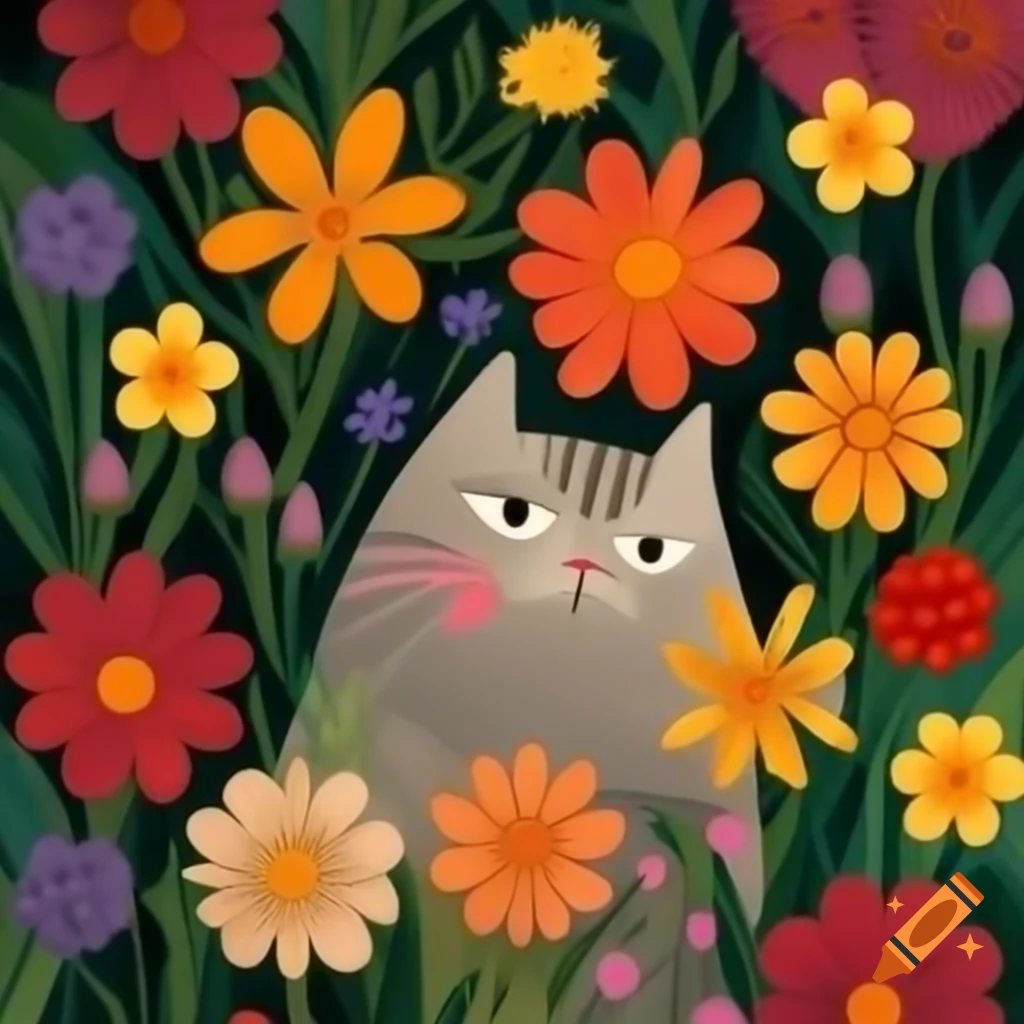 Cat admiring colorful flowers