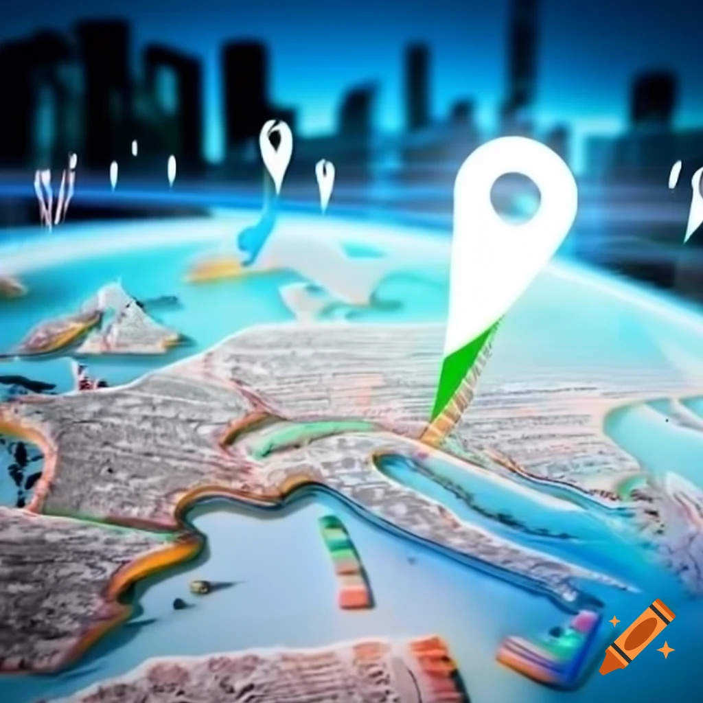 Digital map with delivery markers over modern cityscape background