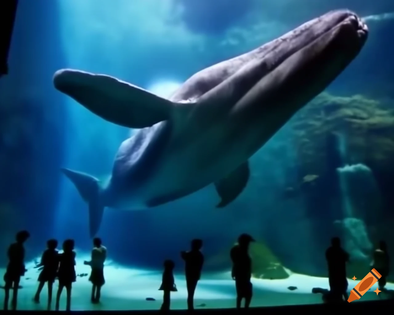 Large aquarium featuring a whale in the street with onlookers