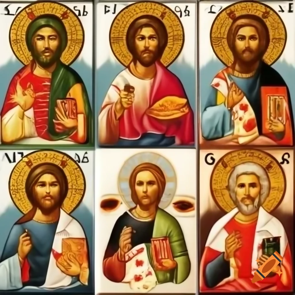 Church icons featuring holy man with pizzas and sushi