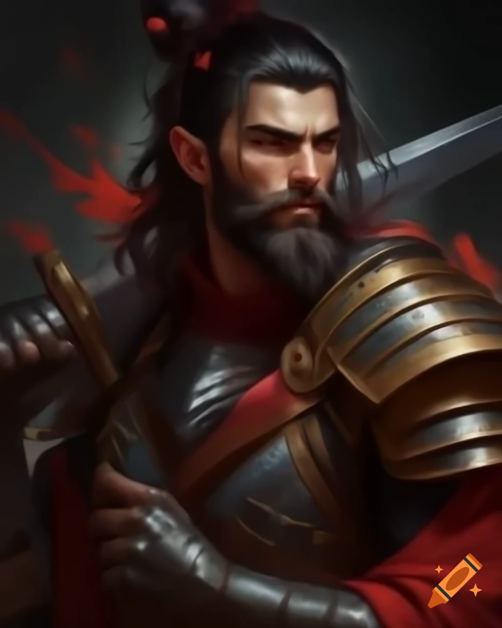 Middle aged man in white suit with sword in sheath long black hair and