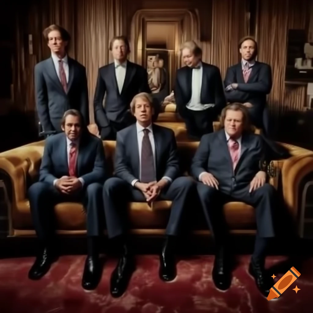 Group of four men in suits sitting on luxurious couch