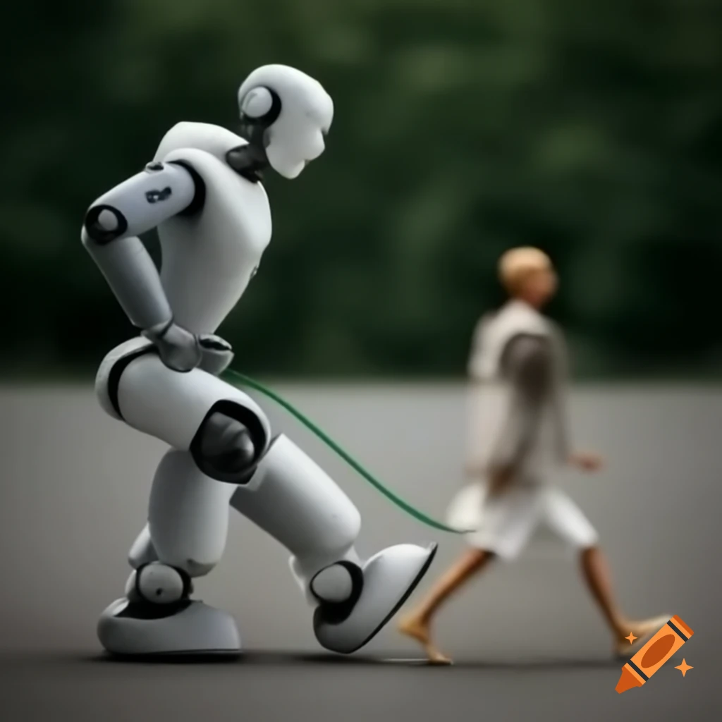 Robot walking with human on leash in urban setting