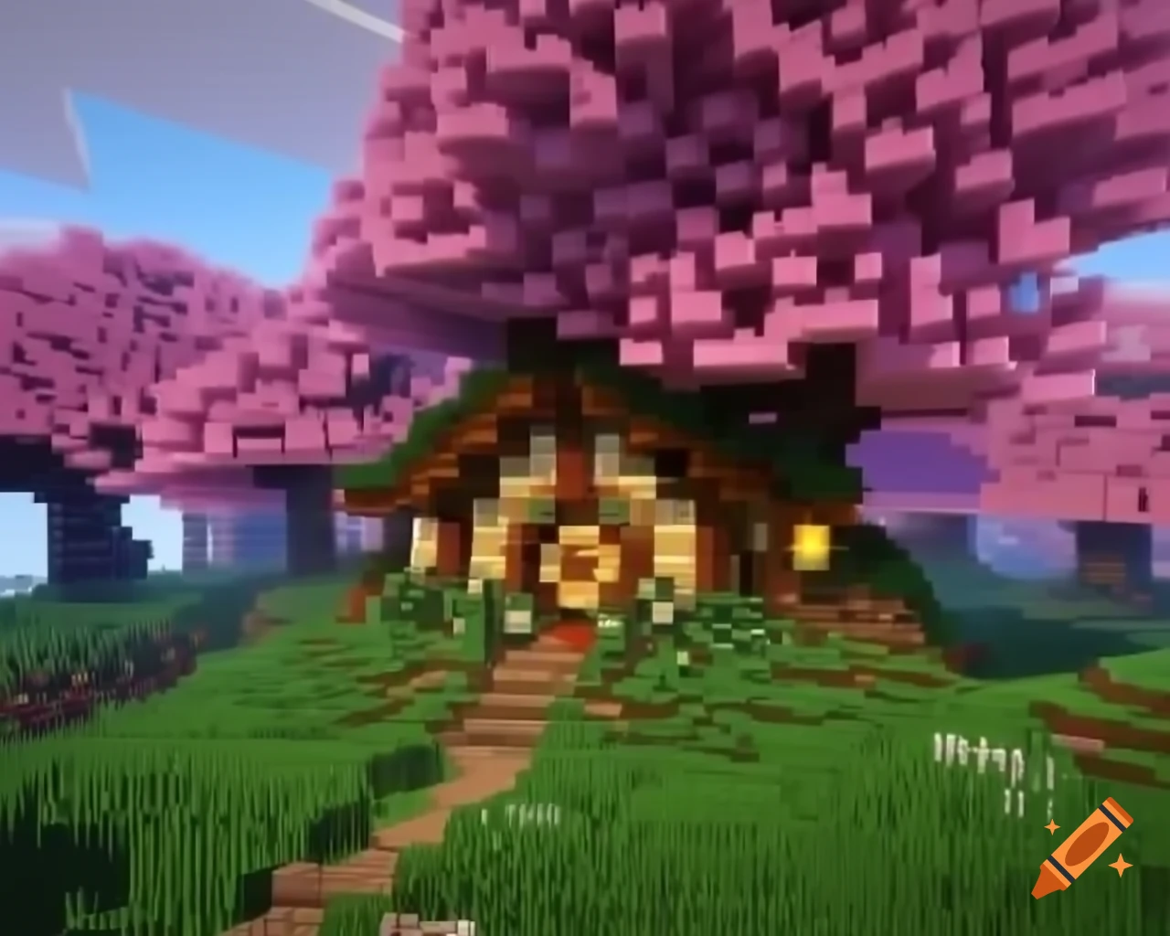 Fantasy hobbit house with pink trees in spring, Minecraft style