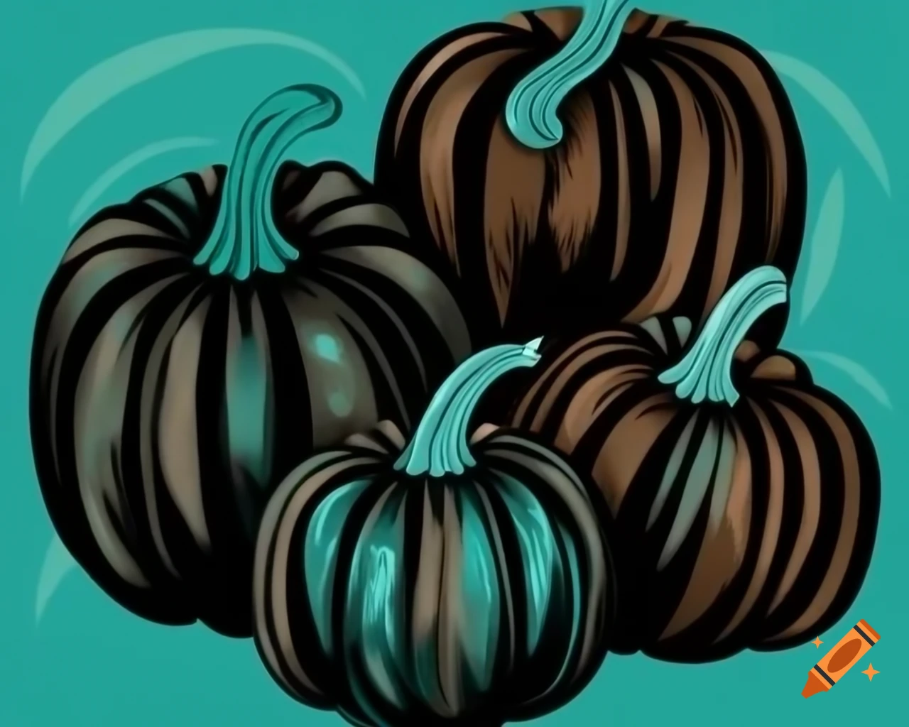 Storybook style pumpkins in black, bronze, and teal