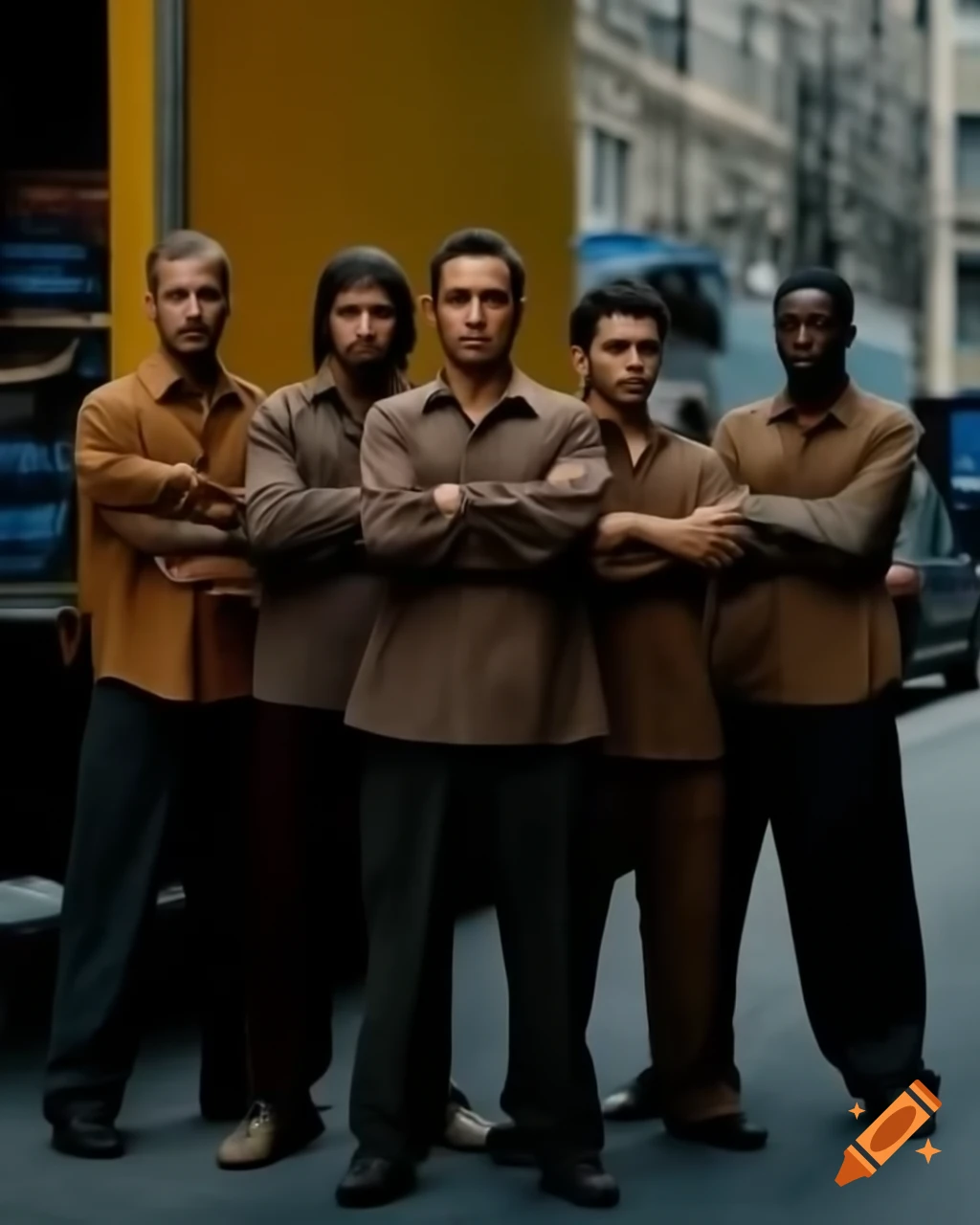 Four men in brown outfits standing in front of yellow truck on city street