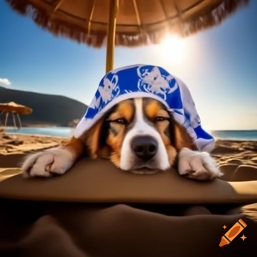 Sleepy puppy under parasol at sunny beach wearing Greek hat during sunset