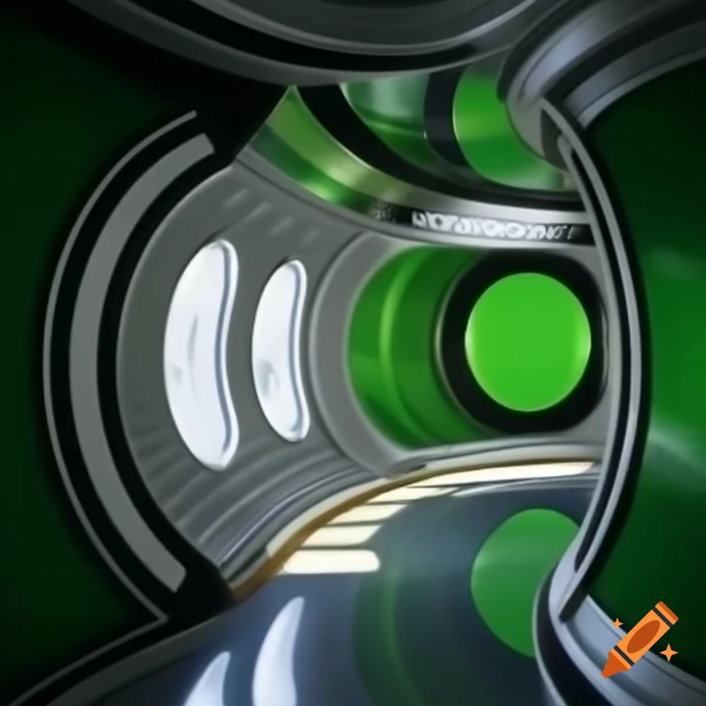 Art studio aboard a spaceship with large oval windows and green silver walls