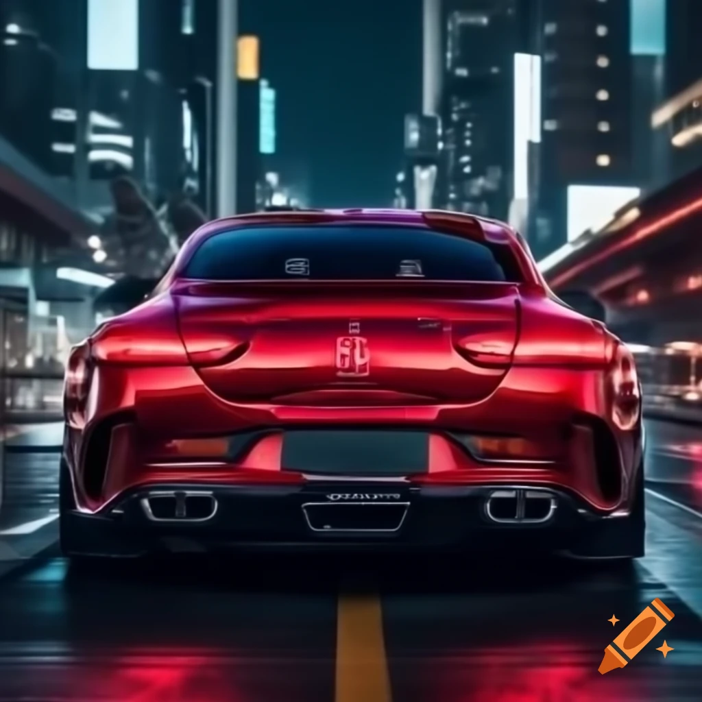 Red Mercedes AMG in cyber city with red neon lights