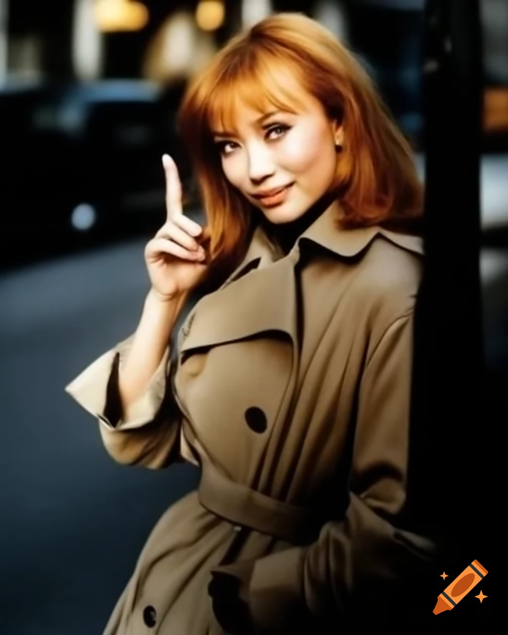 Award-winning vintage paparazzi photo of Asuka Langley doing peace sign in beige trenchcoat