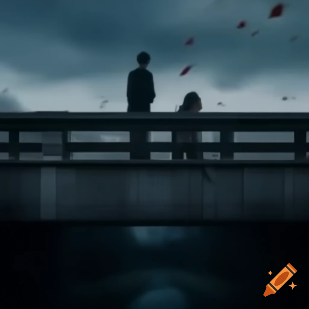 Emotional scene on bridge with two people facing each other under dramatic sky