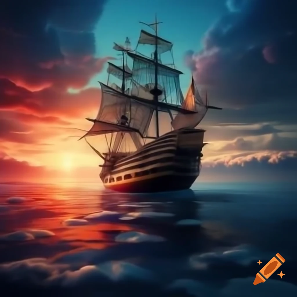 Detailed Spanish galleon sailing into sunset in surreal fluorescent style
