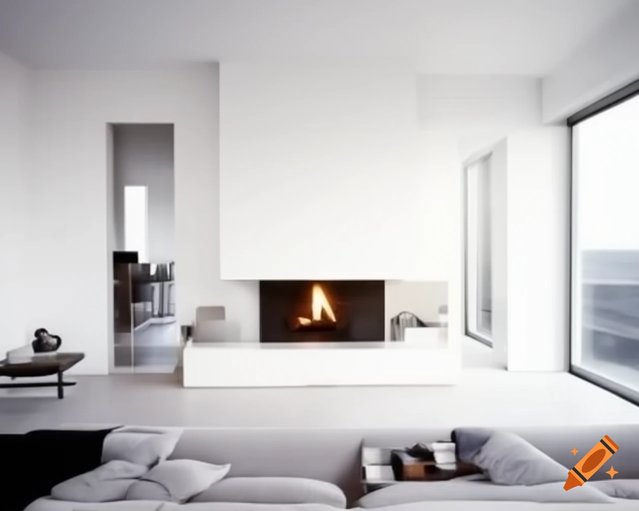 Minimalist modern living room with corner fireplace, photorealism style