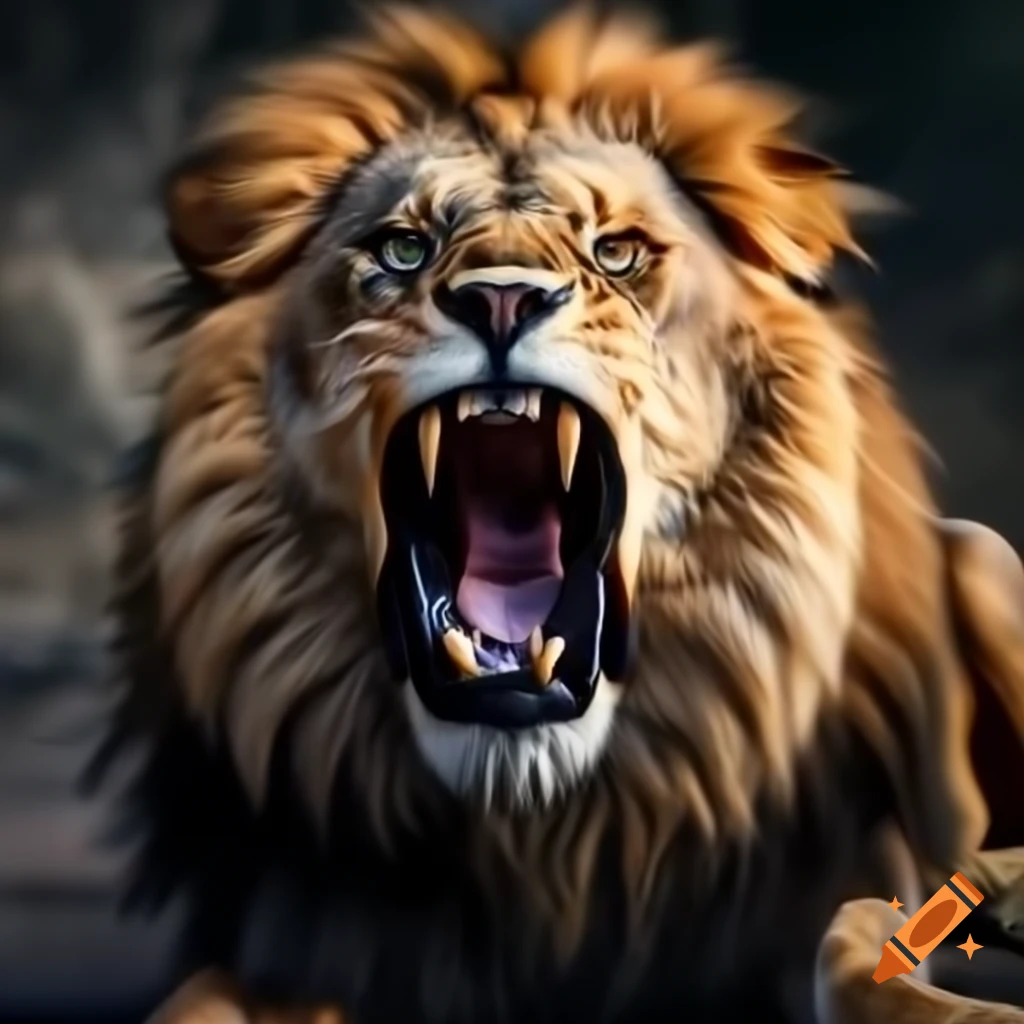Lion roaring against a dramatic backdrop