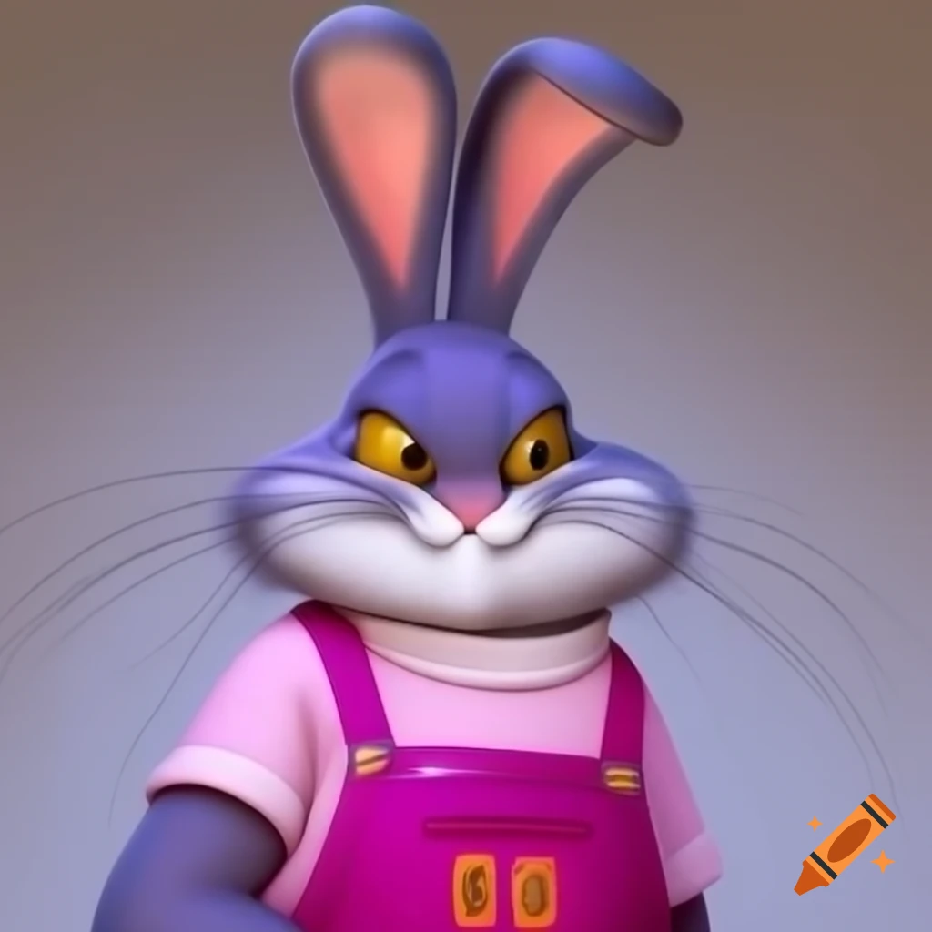 Anthropomorphic purple bunny in pink overalls with long ears