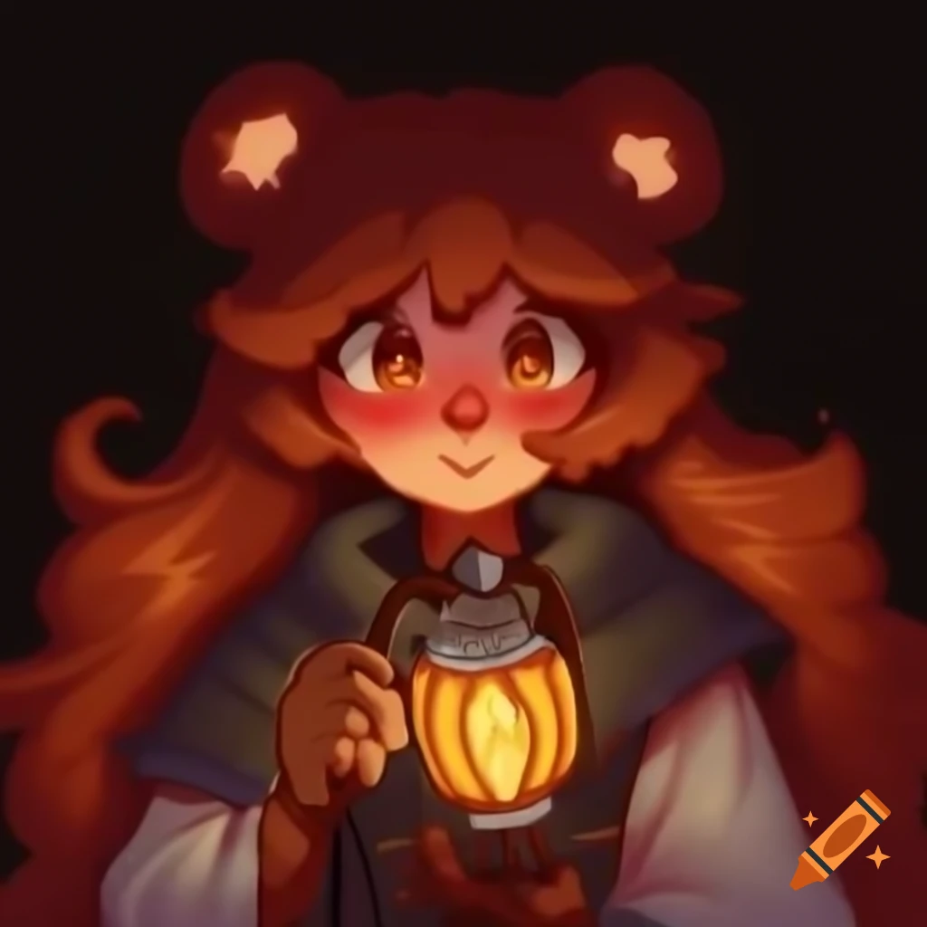 Pixel art portrait of confident girl with bear ears holding lantern in autumn colors