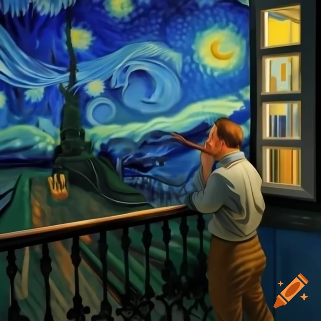 Van Gogh standing on palace balcony overlooking houses