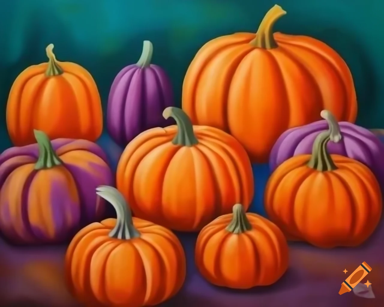 Pumpkins in orange, purple, and teal in storybook style