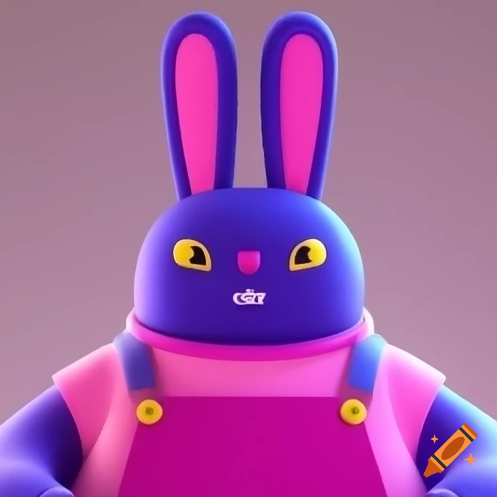 Anthropomorphic purple bunny in pink overalls with yellow buttons and eyes