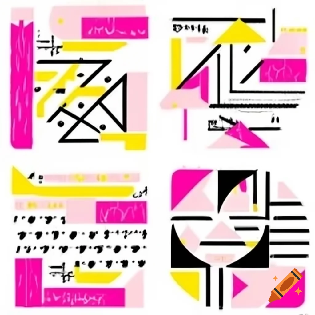 Dynamic patterns with rhythmic lines and contrasting shapes in black, white, pink, and yellow