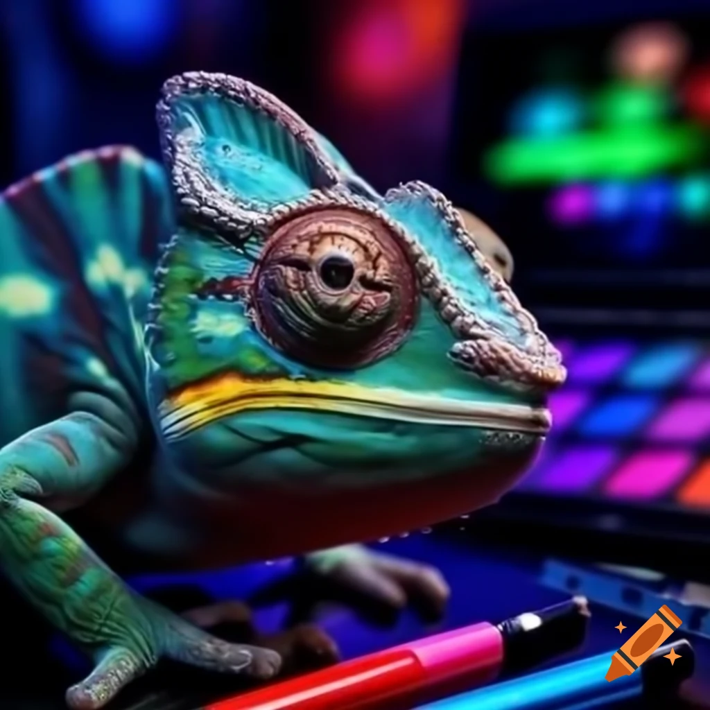 Chameleon with neon colored skin in front of neon highlighter pens