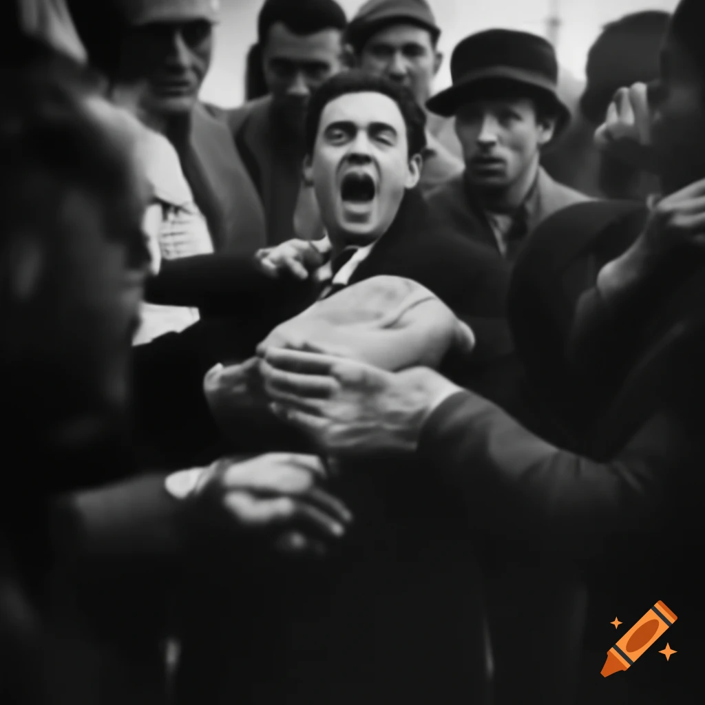 Desperate people fighting for bread slice while wealthy observer watches