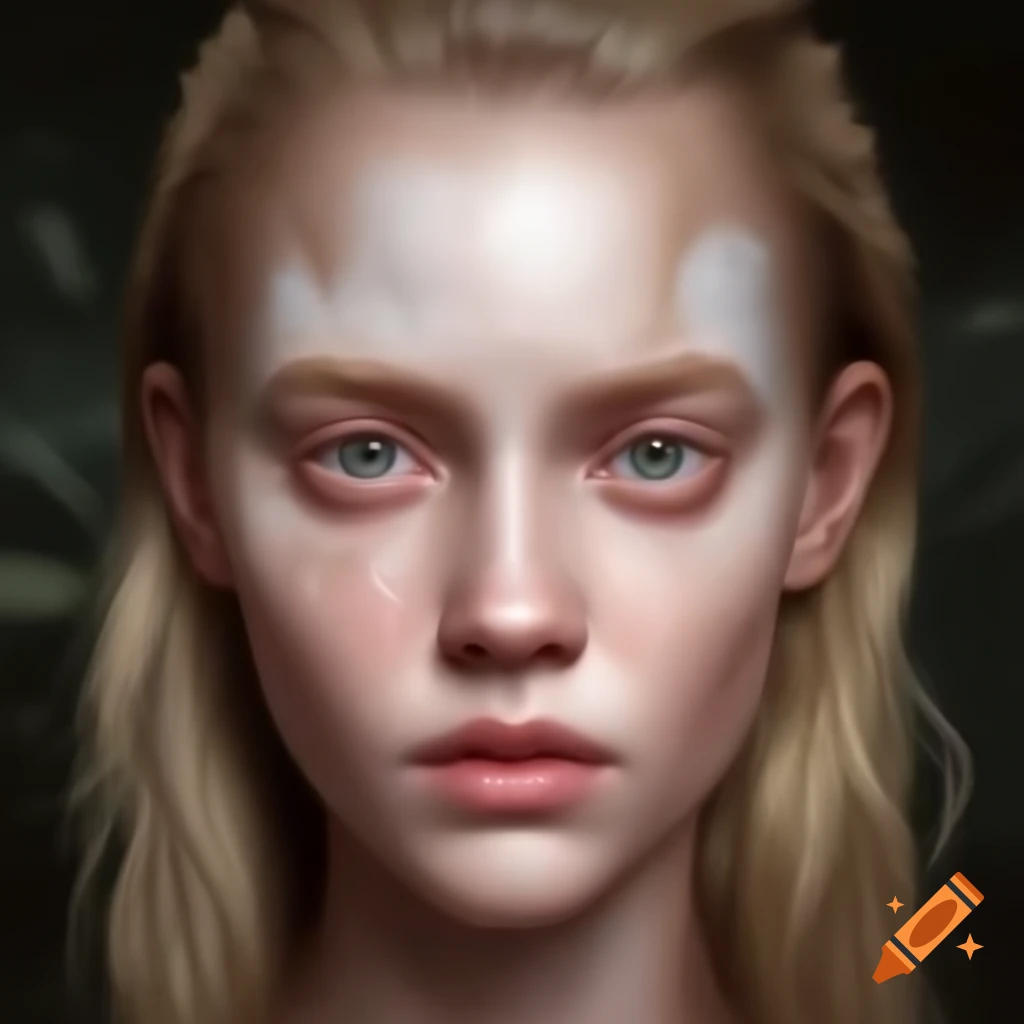 Portrait of woman with pointed chin, pale skin, and long dirty blonde hair, expressing sadness