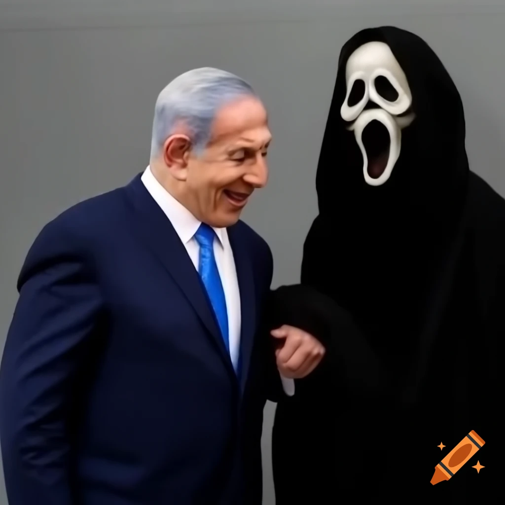 Benjamin Netanyahu laughing alongside grim reaper