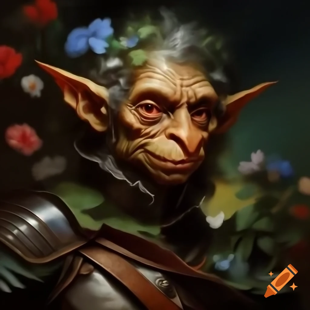French rococo painting of goblin in shiny armor with vibrant flowers