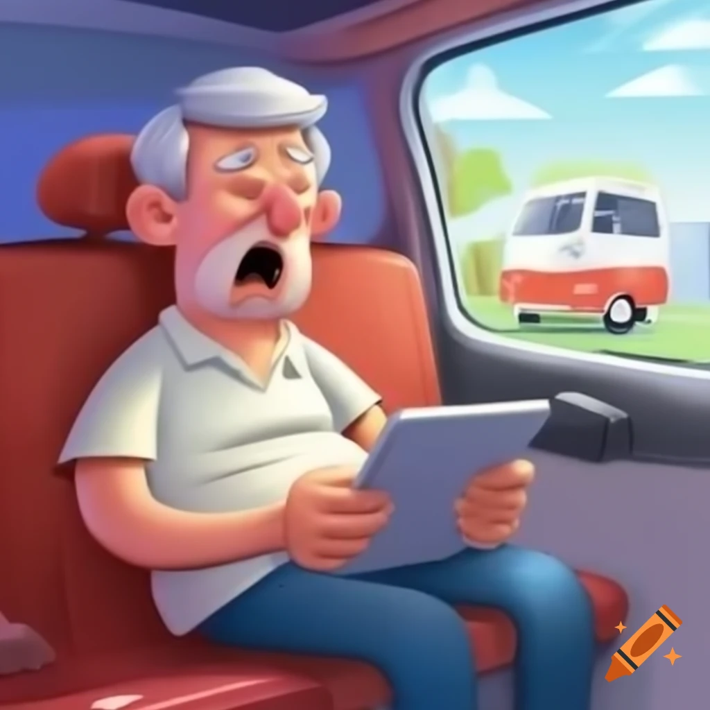 Cartoon of grey haired man crying while using tablet in van