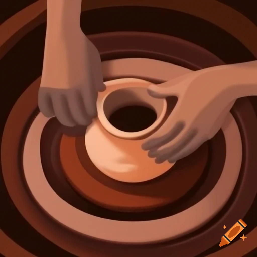 Hands shaping clay on potter's wheel