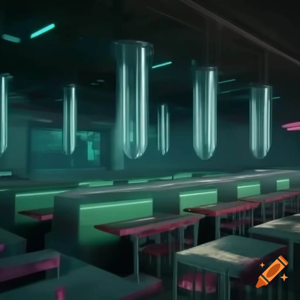 Cyberpunk fast-food diner with aliens at tables and transparent tubes from the ceiling