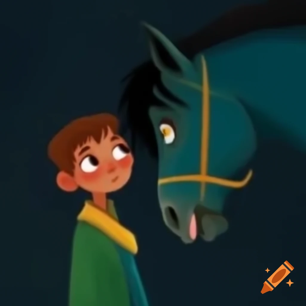 Child mesmerized by horse with colorful celestial eyes in Jungle Book art style