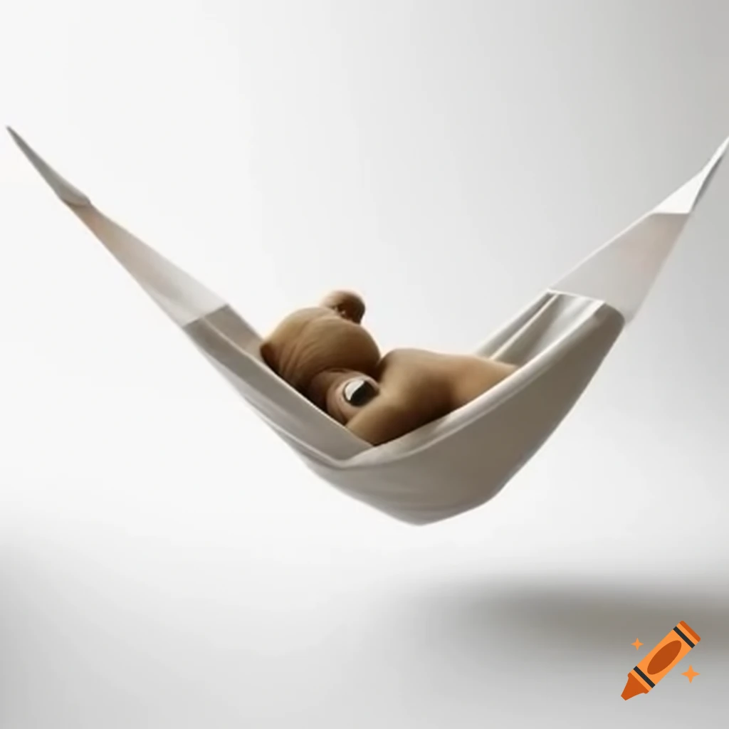 Baby toy bear sleeping in hammock on white background