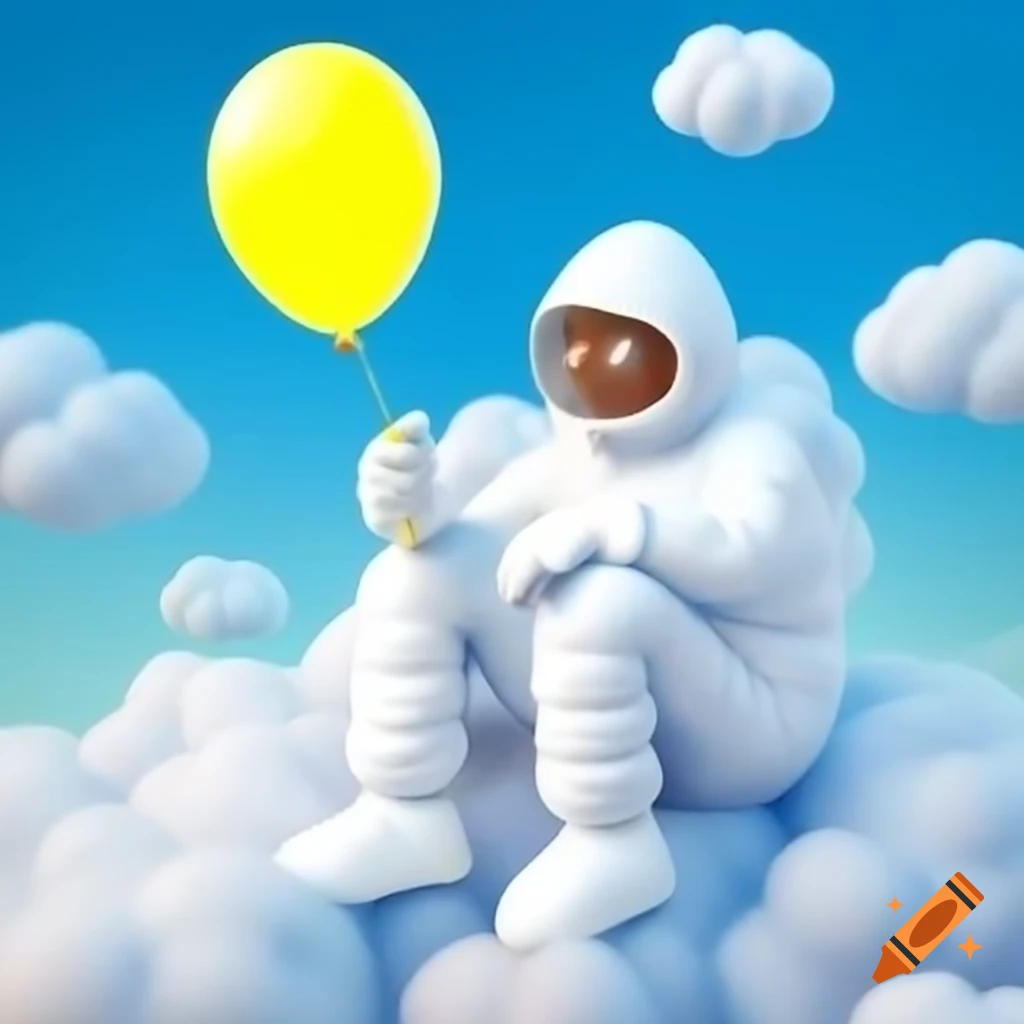 Rapper in hazmat suit sitting on clouds, holding yellow balloon and smiling
