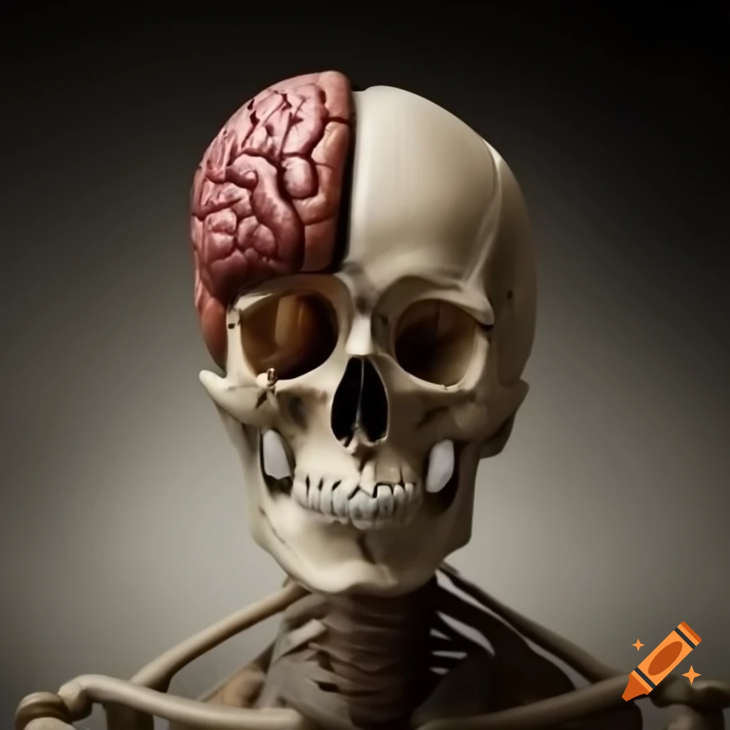 Human skull with brain visible in eye socket