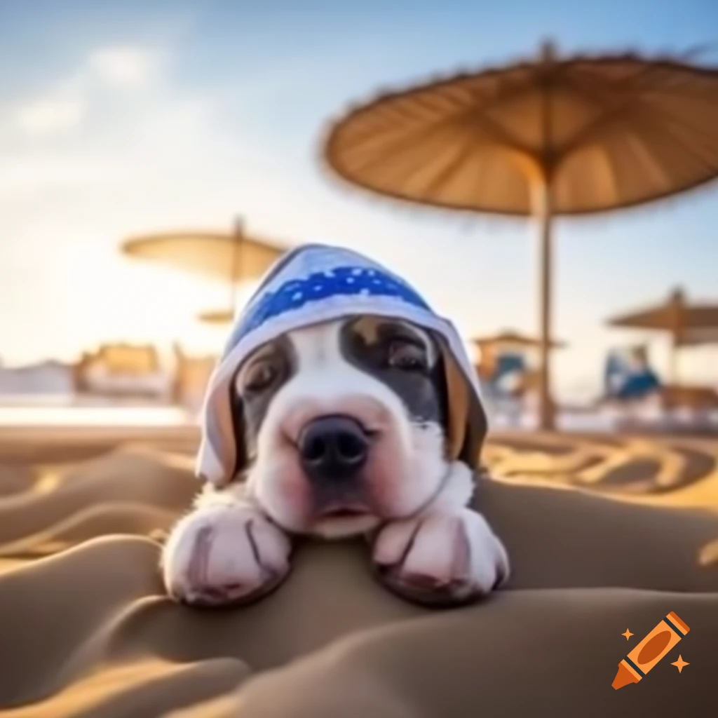 Sleepy puppy under parasol at sunny beach wearing Greek hat during sunset