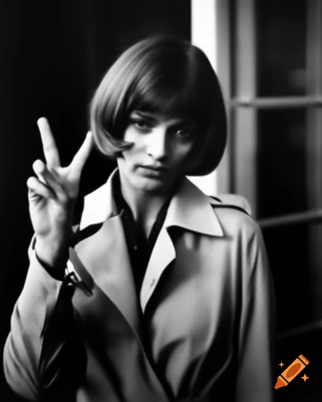 Vintage paparazzi photo of actress making peace sign in street