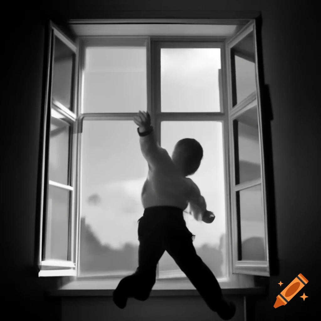 Political satire showing a figure jumping through a window