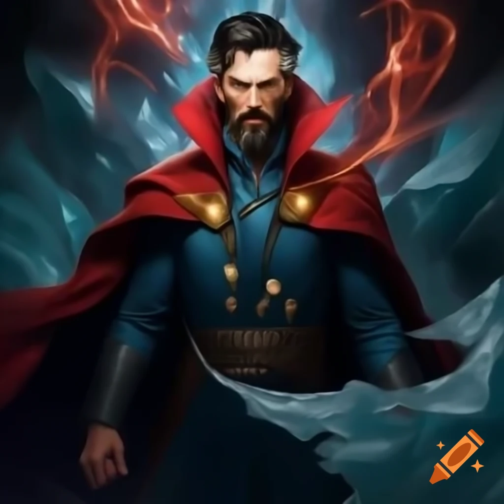 Doctor Strange wearing mystic red cloak with glowing eyes, channeling magical energy