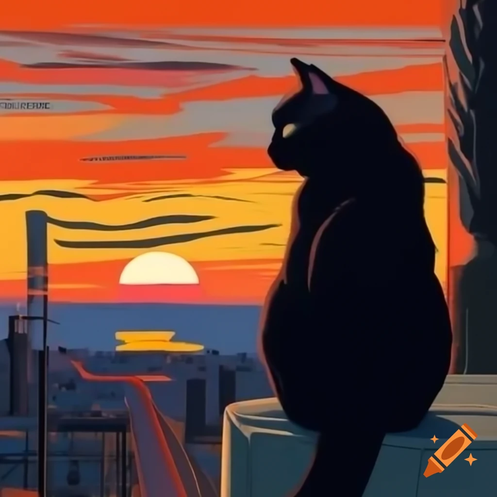 Long haired black cat gazing at sunset in Salvador Dali style