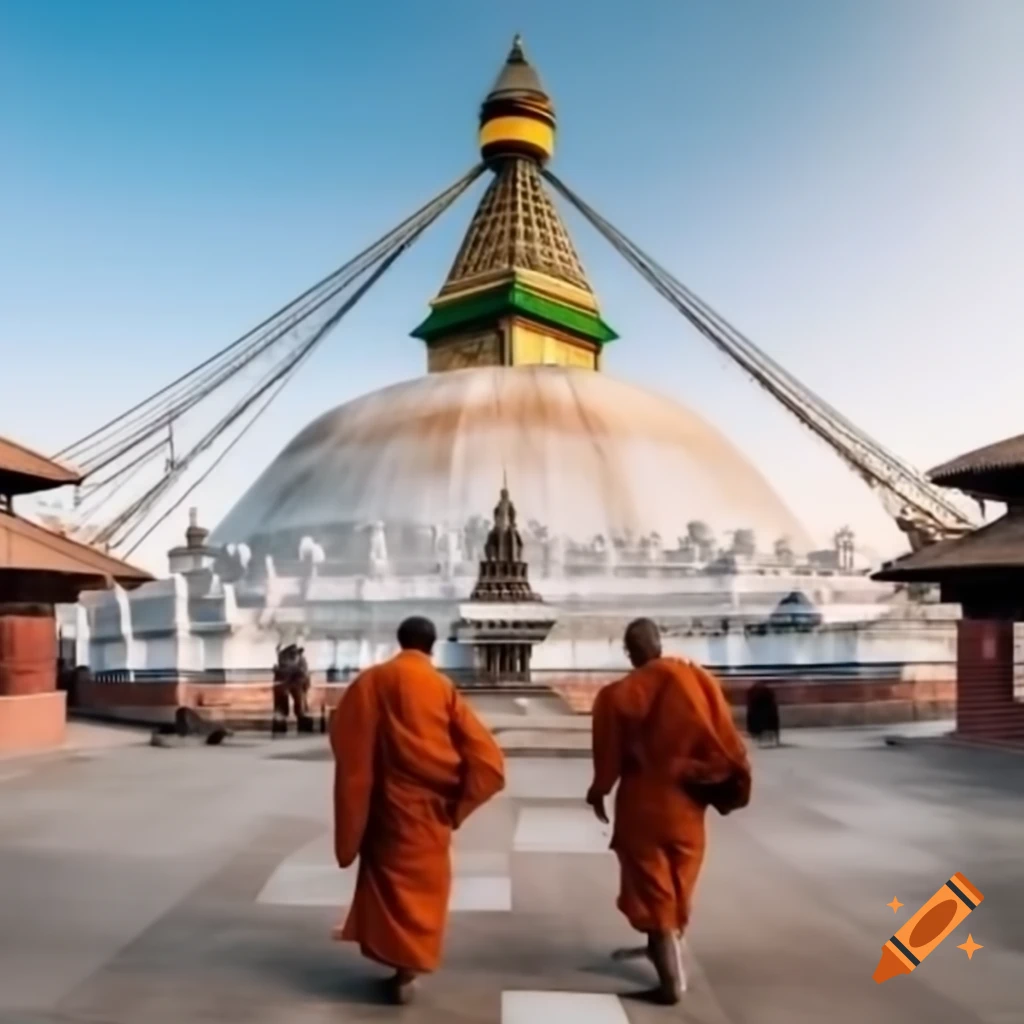Monks circumambulating large stupa at Boudhanath, Nepal