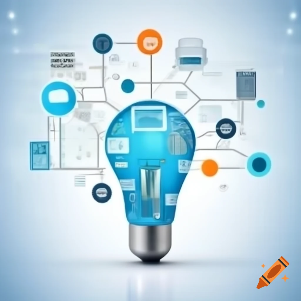 Bulb with technical elements surrounded by colorful conceptual network of companies