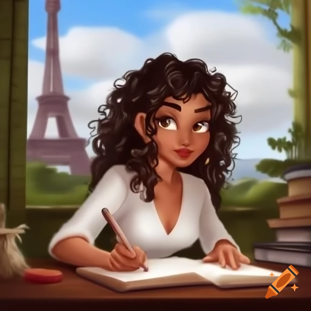 Woman in white dress with curly hair writing near the Eiffel Tower