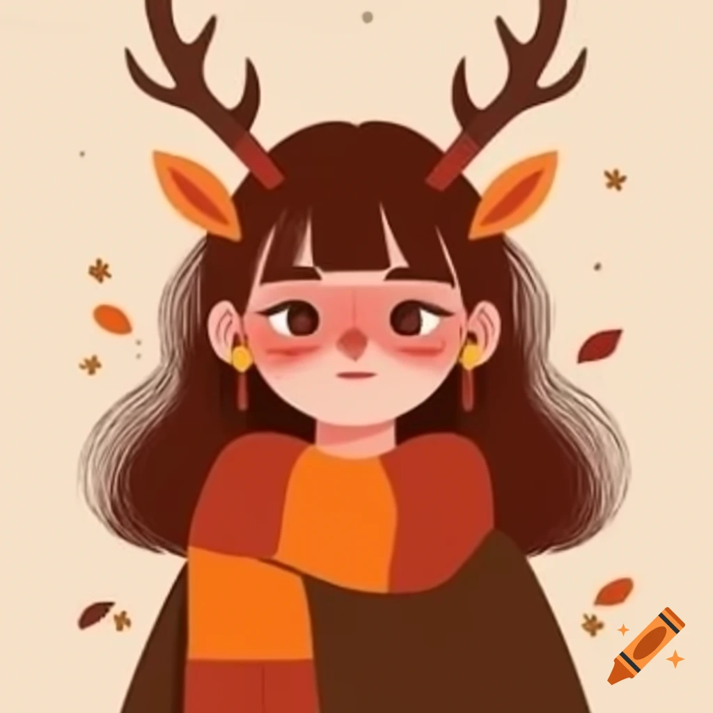 Stylized girl with antlers and scarf in autumn colors